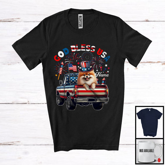 MacnyStore - Personalized God Bless USA, Lovely 4th Of July Custom Name Pomeranian On Pickup Truck, Patriotic T-Shirt