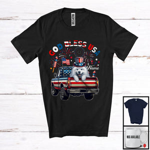 MacnyStore - Personalized God Bless USA, Lovely 4th Of July Custom Name Samoyed On Pickup Truck, Patriotic T-Shirt