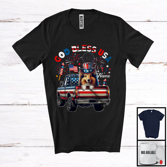 MacnyStore - Personalized God Bless USA, Lovely 4th Of July Custom Name Shetland Sheepdog On Pickup Truck, Patriotic T-Shirt