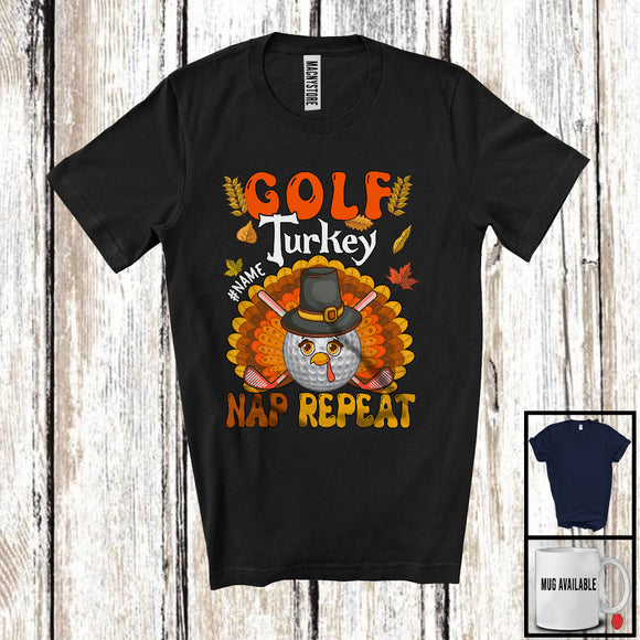 MacnyStore - Personalized Golf Turkey Nap Repeat, Joyful Thanksgiving Fall Leaves, Custom Name Sport Player T-Shirt