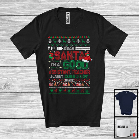 MacnyStore - Personalized Good Assistant Teacher I Just Cuss A Lot; Lovely Christmas Sweater Custom Name Careers T-Shirt