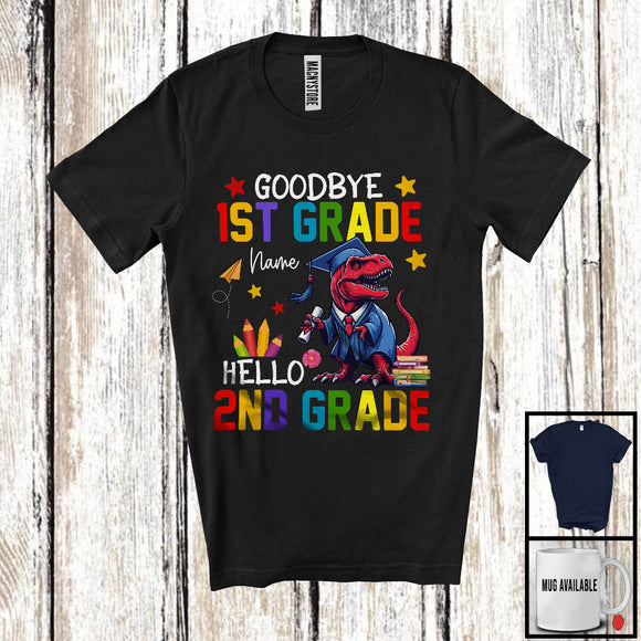 MacnyStore - Personalized Goodbye 1st Grade Hello 2nd Grade, Joyful Summer Vacation T-Rex, Custom Name Graduate T-Shirt