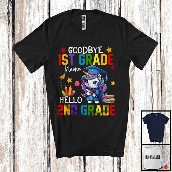 MacnyStore - Personalized Goodbye 1st Grade Hello 2nd Grade, Joyful Summer Vacation Unicorn, Custom Name Graduate T-Shirt