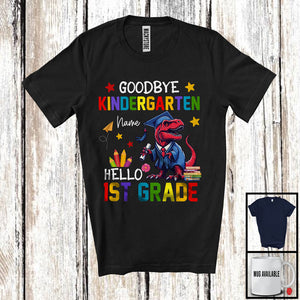 MacnyStore - Personalized Goodbye Kindergarten Hello 1st Grade, Joyful Summer Vacation T-Rex, Custom Name Graduate T-Shirt