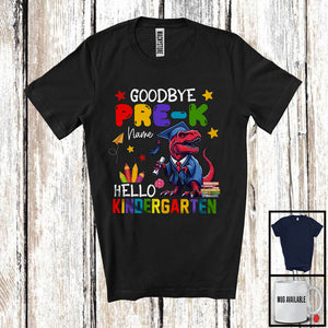 MacnyStore - Personalized Goodbye Pre-K Hello Kindergarten, Joyful Summer Vacation T-Rex, Custom Name Graduate T-Shirt