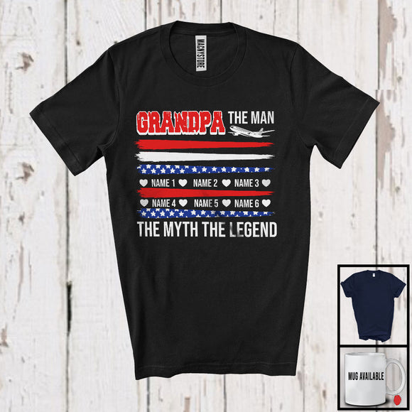 MacnyStore - Personalized Grandpa The Myth Legend, Proud Father's Day Custom Name Pilot, US Flag Airplane T-Shirt