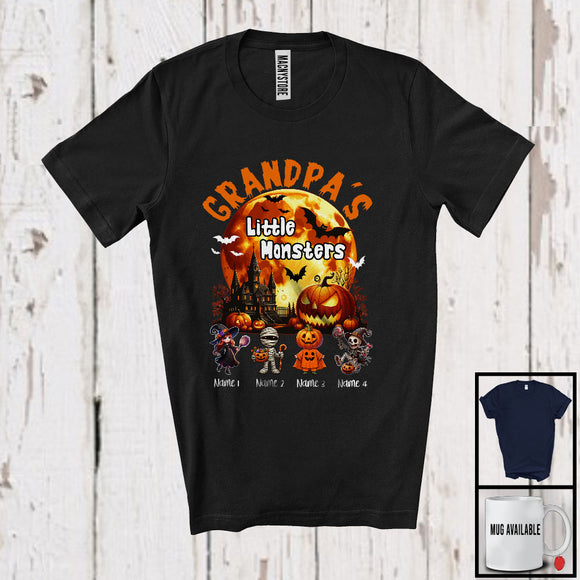 MacnyStore - Personalized Grandpa's Little Monsters, Creepy Halloween Moon Pumpkin, Custom Name Family T-Shirt