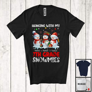 MacnyStore - Personalized Hanging With My 7th Grade Snowmies; Joyful Christmas Custom Name 3 Snowman; Teacher T-Shirt