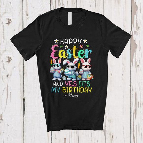 MacnyStore - Personalized Happy Easter And Yes It's My Birthday; Adorable Custom Name Three Bunnies Eggs T-Shirt