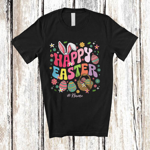 MacnyStore - Personalized Happy Easter; Adorable Custom Name Bunny Ear Simple; Flowers Eggs Hunt T-Shirt