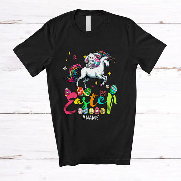 MacnyStore - Personalized Happy Easter; Adorable Custom Name Bunny Rabbit Riding Unicorn Eggs; Family T-Shirt