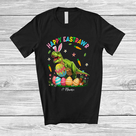 MacnyStore - Personalized Happy Eastrawr; Joyful Easter Bunny T-Rex Hunting Egg; Custom Name Dinosaur T-Shirt