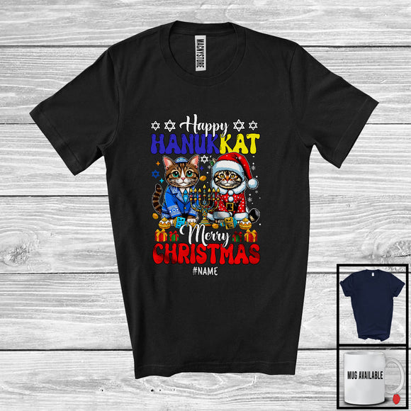 MacnyStore - Personalized Happy Hanukkat Merry Christmas; Lovely Custom Name Cat Owner; Menorah Family T-Shirt