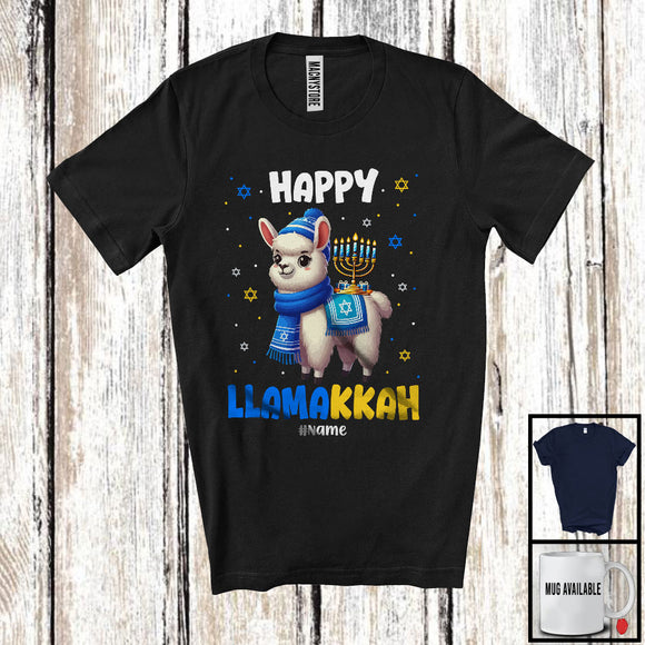 MacnyStore - Personalized Happy Llamakkah; Lovely Hanukkah Menorah On Llama; Custom Name Family T-Shirt