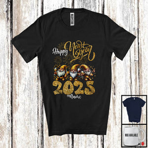 MacnyStore - Personalized Happy New Year 2025; Lovely Christmas Custom Name Three Gnomes Drinking; Family T-Shirt