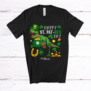 MacnyStore - Personalized Happy St. PaT-Rex Day; Lovely St. Patrick's Day Custom Name T-Rex; Shamrocks T-Shirt