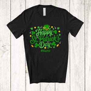 MacnyStore - Personalized Happy St. Patrick's Day; Adorable Leprechaun Hat Shamrocks; Custom Name Family T-Shirt