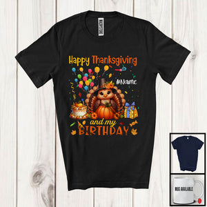 MacnyStore - Personalized Happy Thanksgiving And My Birthday; Lovely Custom Name Turkey Pumpkin T-Shirt