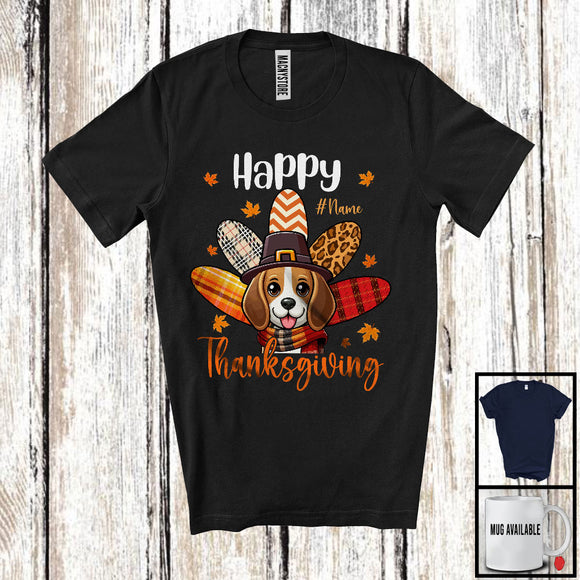 MacnyStore - Personalized Happy Thanksgiving; Adorable Custom Name Beagle Plaid Turkey Tail; Family T-Shirt