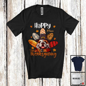 MacnyStore - Personalized Happy Thanksgiving; Adorable Custom Name Bulldog Plaid Turkey Tail; Family T-Shirt