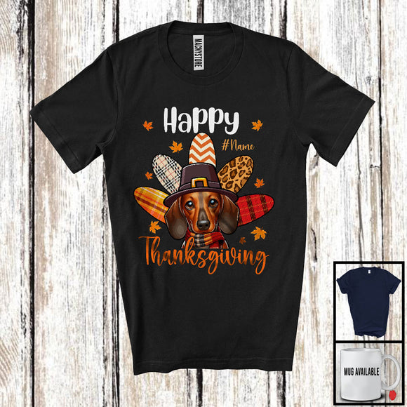 MacnyStore - Personalized Happy Thanksgiving; Adorable Custom Name Dachshund Plaid Turkey Tail; Family T-Shirt