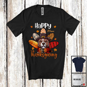 MacnyStore - Personalized Happy Thanksgiving; Adorable Custom Name Pit Bull Plaid Turkey Tail; Family T-Shirt