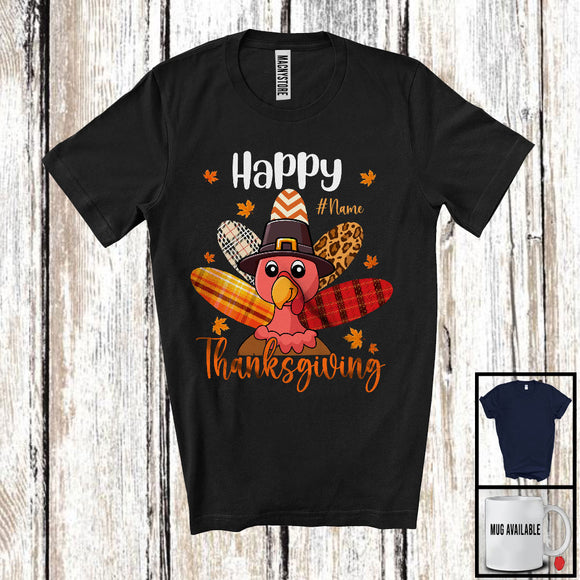 MacnyStore - Personalized Happy Thanksgiving; Adorable Custom Name Turkey Leopard Plaid Tail; Family T-Shirt