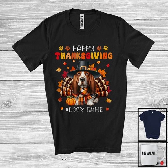 MacnyStore - Personalized Happy Thanksgiving; Amazing Custom Name Turkey Basset Hound; Fall Leaves T-Shirt