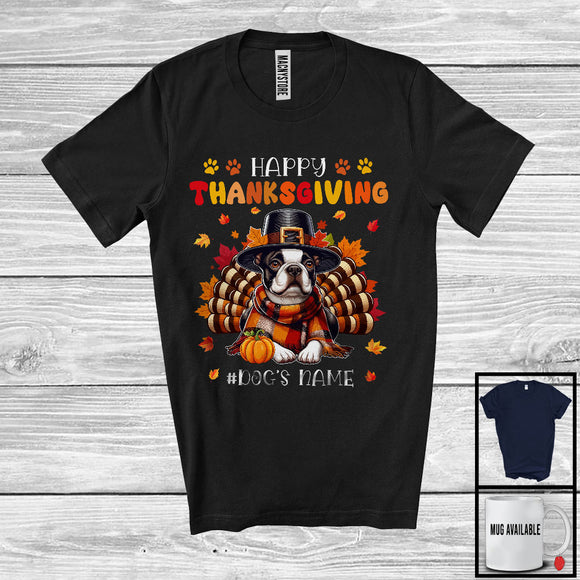 MacnyStore - Personalized Happy Thanksgiving; Amazing Custom Name Turkey Boston Terrier; Fall Leaves T-Shirt