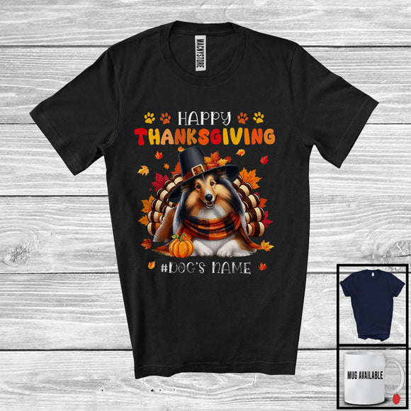 MacnyStore - Personalized Happy Thanksgiving; Amazing Custom Name Turkey Sheltie; Fall Leaves T-Shirt