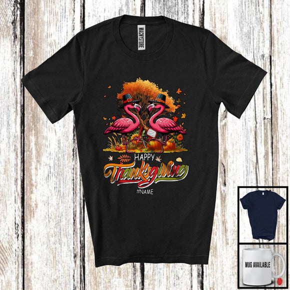 MacnyStore - Personalized Happy Thanksgiving; Lovely Two Pilgrim Flamingos Fall Tree; Custom Name Barber T-Shirt