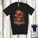 MacnyStore - Personalized Happy Thanksgiving; Lovely Two Pilgrim Flamingos Fall Tree; Custom Name Nurse T-Shirt