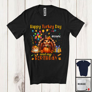 MacnyStore - Personalized Happy Turkey Day And My Birthday; Lovely Thanksgiving Custom Name Turkey Pumpkin T-Shirt