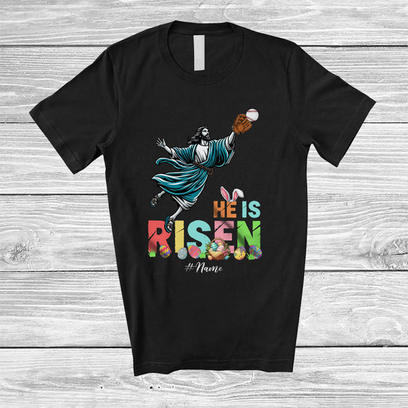 MacnyStore - Personalized He Is Risen; Joyful Easter Jesus Playing Baseball; Custom Name Sport Player T-Shirt