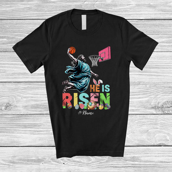 MacnyStore - Personalized He Is Risen; Joyful Easter Jesus Playing Basketball; Custom Name Sport Player T-Shirt