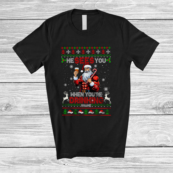 MacnyStore - Personalized He Sees When You're Drinking; Merry Christmas Santa Bourbon; Sweater Drunker T-Shirt