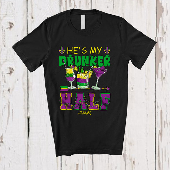 MacnyStore - Personalized He's My Drunker Half; Joyful Mardi Gras Three Glasses Drinking; Custom Name Couple T-Shirt