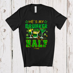 MacnyStore - Personalized He's My Drunker Half; Joyful St. Patrick's Day 3 Glasses Drinking; Custom Name Couple T-Shirt