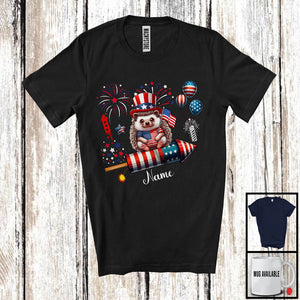 MacnyStore - Personalized Hedgehog Riding Firecracker, Lovely 4th Of July USA Flag Custom Name, Zoo Animal T-Shirt