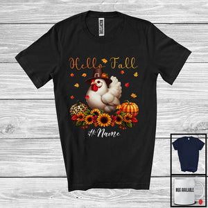 MacnyStore - Personalized Hello Fall; Adorable Thanksgiving Custom Name Chicken Plaid Leopard Pumpkin; Farmer T-Shirt