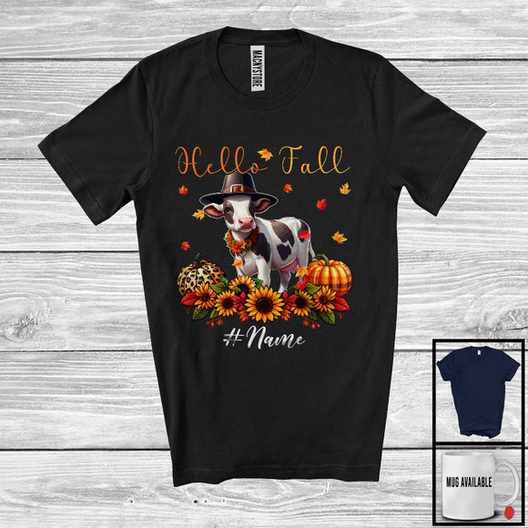 MacnyStore - Personalized Hello Fall; Adorable Thanksgiving Custom Name Cow Plaid Leopard Pumpkin; Farmer T-Shirt