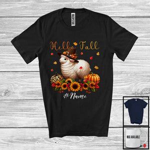 MacnyStore - Personalized Hello Fall; Adorable Thanksgiving Custom Name Sheep Plaid Leopard Pumpkin; Farmer T-Shirt