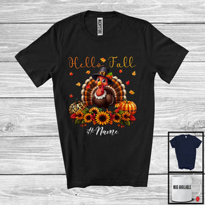 MacnyStore - Personalized Hello Fall; Adorable Thanksgiving Custom Name Turkey Plaid Leopard Pumpkin; Family T-Shirt