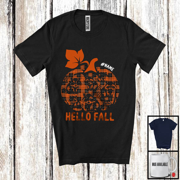 MacnyStore - Personalized Hello Fall; Cute Halloween Thanksgiving Pumpkin Shape Plaid; Custom Name Raccoon T-Shirt