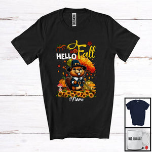 MacnyStore - Personalized Hello Fall; Lovely Thanksgiving Tree Pilgrim Beaver; Custom Name Animal Lover T-Shirt