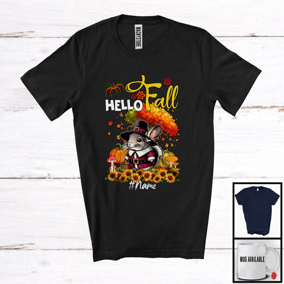 MacnyStore - Personalized Hello Fall; Lovely Thanksgiving Tree Pilgrim Chinchilla; Custom Name Animal Lover T-Shirt