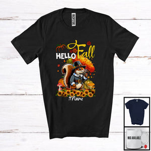 MacnyStore - Personalized Hello Fall; Lovely Thanksgiving Tree Pilgrim Squirrel; Custom Name Animal Lover T-Shirt