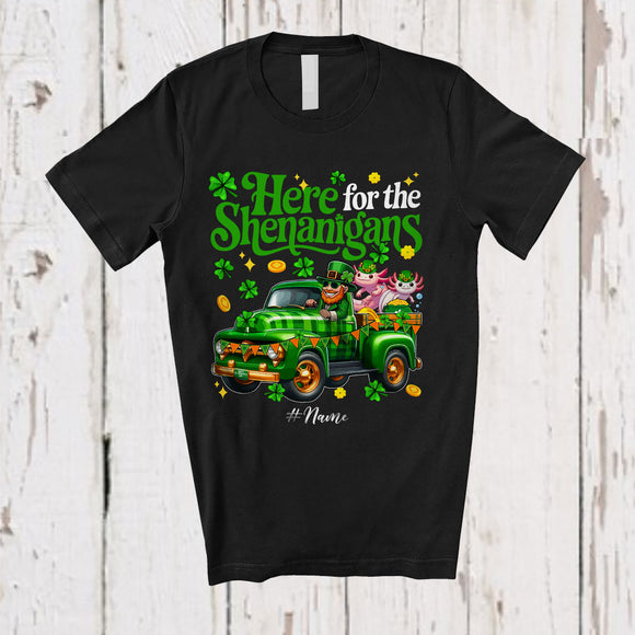 MacnyStore - Personalized Here For Shenanigans; Lovely St. Patrick's Day Custom Name Axolotl On Plaid Truck T-Shirt