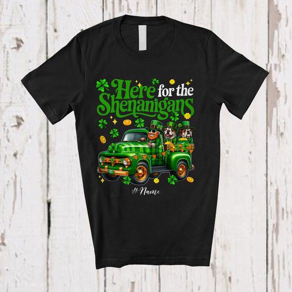 MacnyStore - Personalized Here For Shenanigans; Lovely St. Patrick's Day Custom Name Bulldog On Plaid Truck T-Shirt