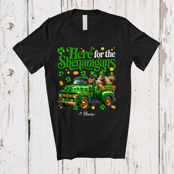 MacnyStore - Personalized Here For Shenanigans; Lovely St. Patrick's Day Custom Name Capybara On Plaid Truck T-Shirt